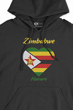 Harare Zimbabwe Bayraklı Kalpli Siyah Sweatshirt Hoodie