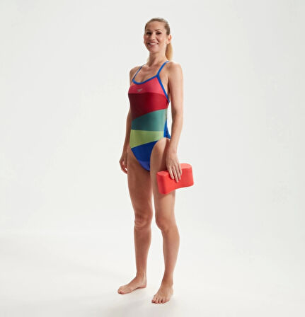 Speedo Placement Digital Turnback Kadın Yüzücü Mayosu Kırmızı-Yeşil