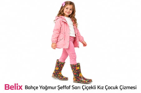 Belix Bahçe Yağmur Şeffaf Sarı Çiçek Desenli Kız Çocuk Çizmesi