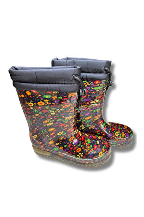 Konçlu Peluşlu Kadın Yağmur Çizmesi 36-40 Sarı Çiçekli