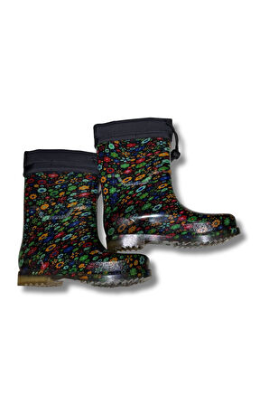 Konçlu Peluşlu Kadın Yağmur Çizmesi 36-40 Yeşil Çiçekli