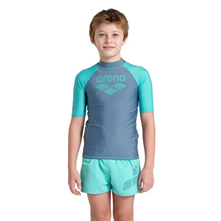 Arena Rash Vest L/S Graphic Erkek Çocuk Yüzücü Tişörtü Gri-Turkuaz