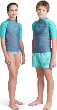 Arena Rash Vest L/S Graphic Erkek Çocuk Yüzücü Tişörtü Gri-Turkuaz