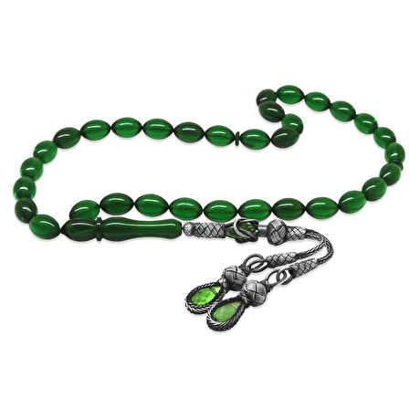  1000 Ayar Gümüş Kazaz Püsküllü Arpa Kesim Zümrüt Yeşil Ateş Kehribar Tesbih 