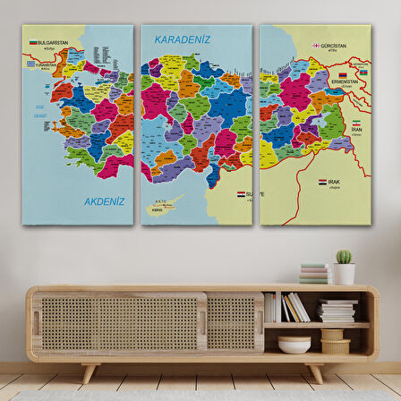 Harita Sepeti Türkiye Haritası Kanvas Tablo İl ve İlçeli Ayrıntılı Eğitici Komşulu Dekoratif Tablo 3005