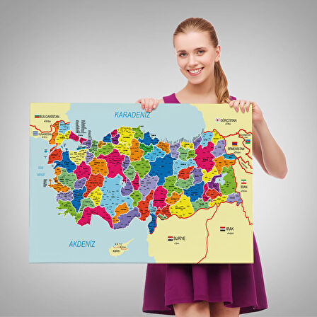 Harita Sepeti Türkiye Haritası Kanvas Tablo İl ve İlçeli Ayrıntılı Eğitici Komşulu Dekoratif Tablo 3005