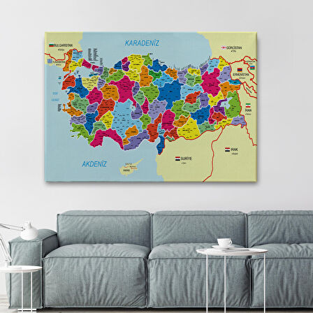 Harita Sepeti Türkiye Haritası Kanvas Tablo İl ve İlçeli Ayrıntılı Eğitici Komşulu Dekoratif Tablo 3005