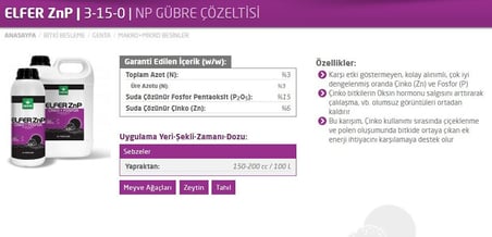 Çinko ve Fosfor Gübresi 3-15-0+6Zn (Elfer ZnP)20 Lt