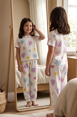 Pastel Renkli Çiçek Desenli Beyaz Kız Çocuk %100 Pamuk Pijama Takımı