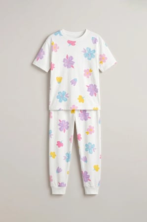 Pastel Renkli Çiçek Desenli Beyaz Kız Çocuk %100 Pamuk Pijama Takımı