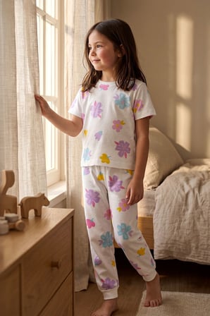Pastel Renkli Çiçek Desenli Beyaz Kız Çocuk %100 Pamuk Pijama Takımı
