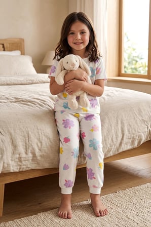 Pastel Renkli Çiçek Desenli Beyaz Kız Çocuk %100 Pamuk Pijama Takımı
