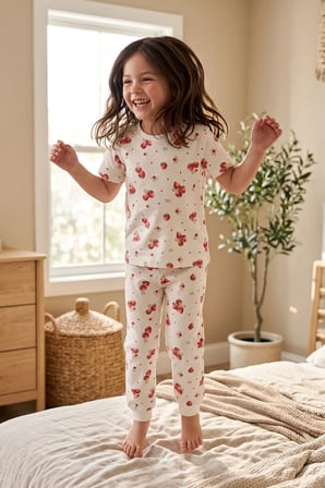 Çilek Desenli Kısa Kollu %100 Pamuk Kız Çocuk Pijama Takımı