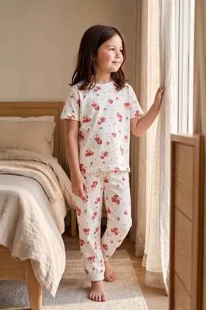 Çilek Desenli Kısa Kollu %100 Pamuk Kız Çocuk Pijama Takımı