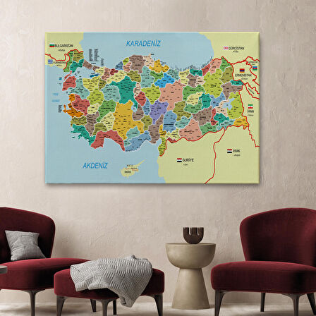 Harita Sepeti Türkiye Haritası Kanvas Tablo İl ve İlçeli Ayrıntılı Eğitici Komşulu Tablo 3006