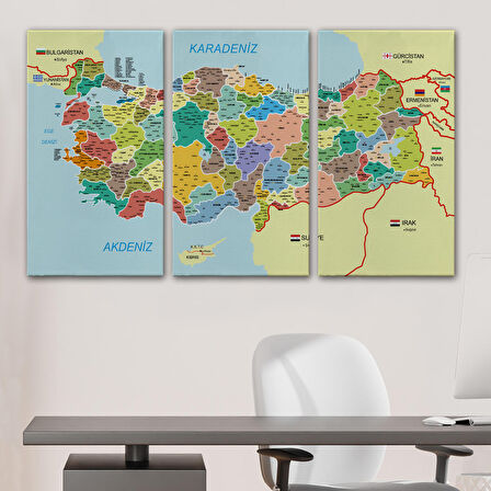 Harita Sepeti Türkiye Haritası Kanvas Tablo İl ve İlçeli Ayrıntılı Eğitici Komşulu Tablo 3006