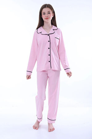Gömlek Yaka Cep Detaylı Somon Kız Çocuk Pijama Takımı