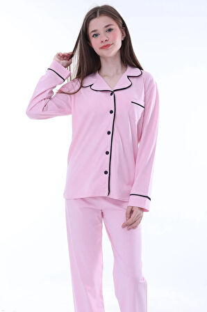 Gömlek Yaka Cep Detaylı Somon Kız Çocuk Pijama Takımı