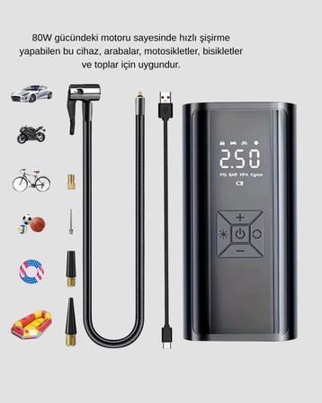 Dijital Ekranlı Kablosuz Hava Pompası LED Işıklı 12V 80W