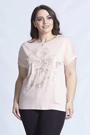 3008 Pudra Önü Parlak Baskılı Kolu Dantelli Esnek Büyük Beden Bluz