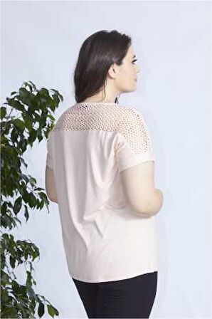 3008 Pudra Önü Parlak Baskılı Kolu Dantelli Esnek Büyük Beden Bluz