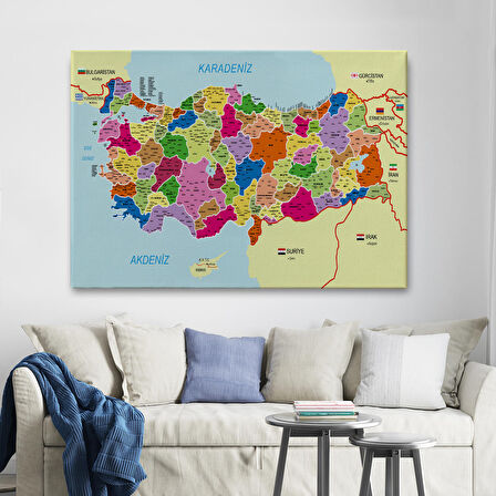 Harita Sepeti Türkiye Haritası Kanvas Tablo İl ve İlçeli Ayrıntılı Eğitici Komşulu Tablo 3008