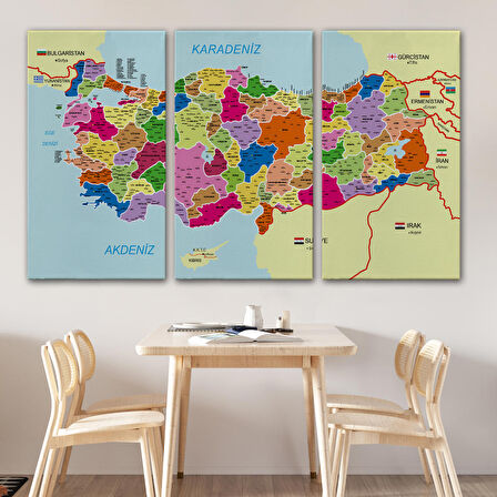 Harita Sepeti Türkiye Haritası Kanvas Tablo İl ve İlçeli Ayrıntılı Eğitici Komşulu Tablo 3008