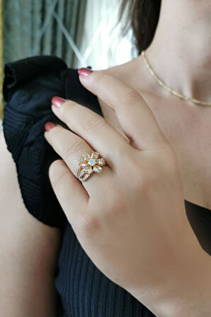 Şampanya Taş Renkli Altın Nergis Çiçeği Yüzük