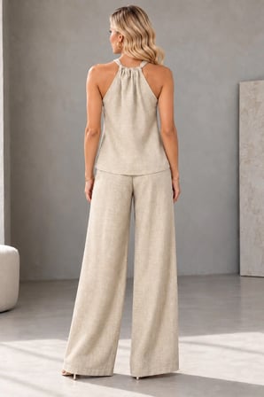 Kadın Ön Damlalı Bronz Tokalı Bluz Beli Lastikli Geniş Paça Pantolon Yazlık İkili Takım MKK3009