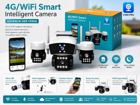 X5 Tech YT-95W 3Mp+3Mp+3Mp 3 Kameralı Wi-Fi Kamera V380 Gece Renkli 360 Derece Led Aydınlatmalı Adaptör Dahil