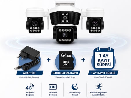 X5tech Rx-95w Wifi 3 Lensli Kablosuz Güvenlik Kamerası +64Gb Hafıza Kartı +Adaptör Kolay Kurulum HAZIR 
