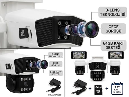 X5tech Rx-95w Wifi 3 Lensli Kablosuz Güvenlik Kamerası +64Gb Hafıza Kartı +Adaptör Kolay Kurulum HAZIR 