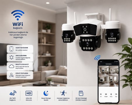 X5tech Rx-95w Wifi 3 Lensli Kablosuz Güvenlik Kamerası +64Gb Hafıza Kartı +Adaptör Kolay Kurulum HAZIR 