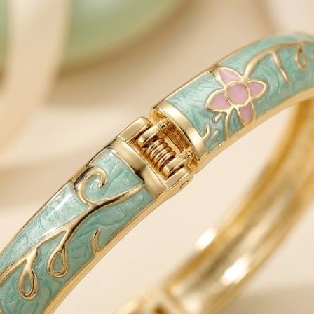 Yeşili Mineli Çiçekli Gold Kelepçe Bilezik İtalyan Model Yaylı Bilezik