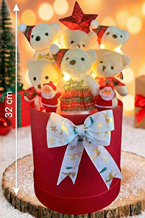 Yeniyıl ÖZEL Seri: Premium Silindir Kutuda Yılbaşı Temalı LED Işıklı Yıldızlı -Noel Babalı, Özel Konsept Ayıcık Buketi