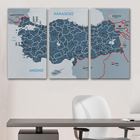 Harita Sepeti Türkiye Haritası Kanvas Tablo İl ve İlçeli Ayrıntılı Eğitici Komşulu Tablo 3009