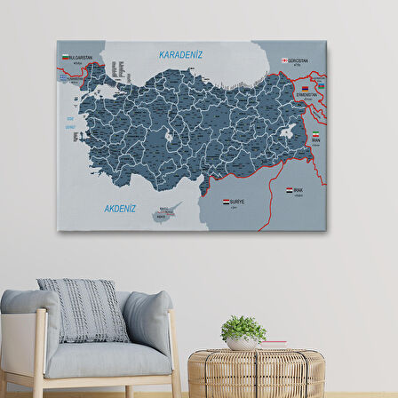 Harita Sepeti Türkiye Haritası Kanvas Tablo İl ve İlçeli Ayrıntılı Eğitici Komşulu Tablo 3009