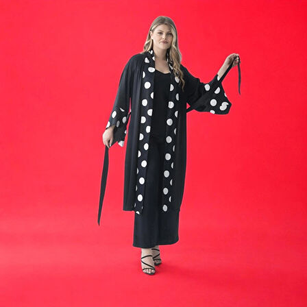  Büyük Beden Şal Yaka Siyah Puantiyeli Sabahlık & Kimono