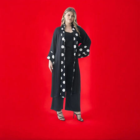  Büyük Beden Şal Yaka Siyah Puantiyeli Sabahlık & Kimono