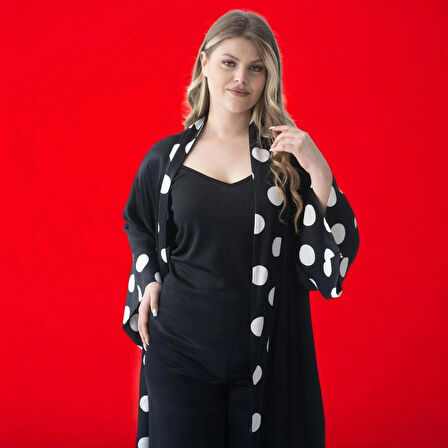  Büyük Beden Şal Yaka Siyah Puantiyeli Sabahlık & Kimono