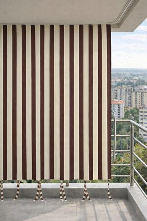 Kahve-Krem balkon perdesi kornişli bağcıklı dış mekan dayanıklı modern balkon brandası