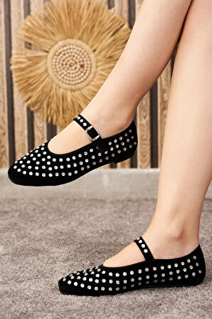 Günlük Kadın Babet Ayarlanabilir Tokalı Tek Bant Kısa Topuk Küt Burun Taşlı Ayakkabı 301