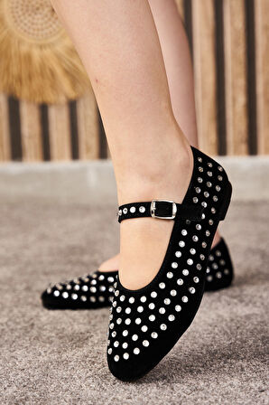 Günlük Kadın Babet Ayarlanabilir Tokalı Tek Bant Kısa Topuk Küt Burun Taşlı Ayakkabı 301