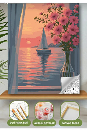 Sayılarla Boyama Seti 40x50 Cm (Çıtalı) Fırça Boya Dahil Numaralı Tuval Sandal Gün Batımı