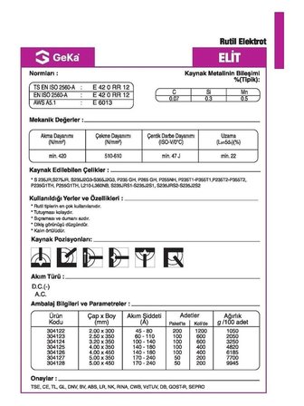 Gekamac Geka Elit 2,5x350mm Rutil Elektrod-Demir Kaynağı-100lü Paket