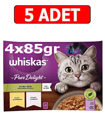 whiskas pure delight tavuklu somonlu kedi yaş mama (4x85gr) 5adet dilimli seçim kedi konserve jöleli