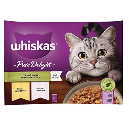 whiskas pure delight tavuklu somonlu kedi yaş mama (4x85gr) 5adet dilimli seçim kedi konserve jöleli