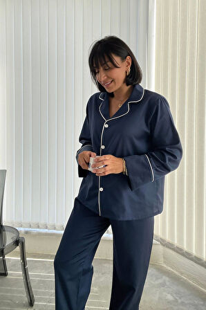 Lacivert Biyeli Pijama Seti