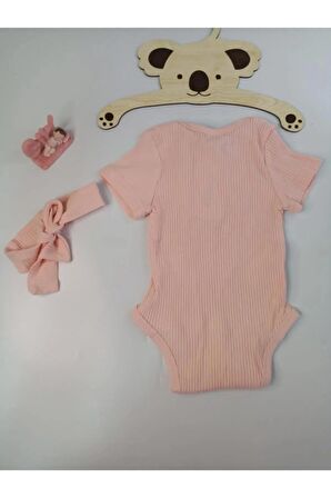 Kız Bebek Pembe Fırfırlı Pamuklu Bodysuit Ve Saç Bandı