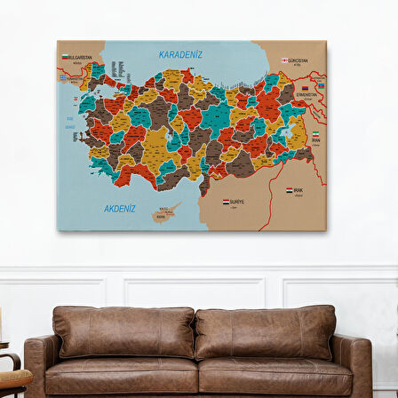 Harita Sepeti Türkiye Haritası Kanvas Tablo İl ve İlçeli Ayrıntılı Eğitici Komşulu Tablo 3010